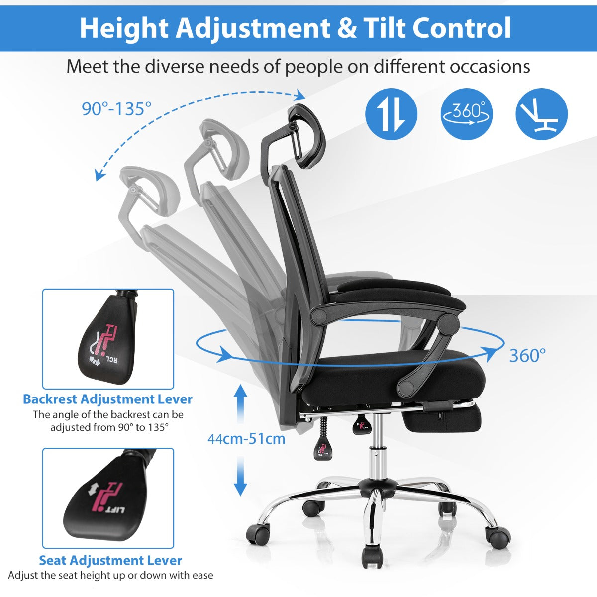 Ergonomic Recliner Mesh Office Chair with Adjustable Headrest for Home Office