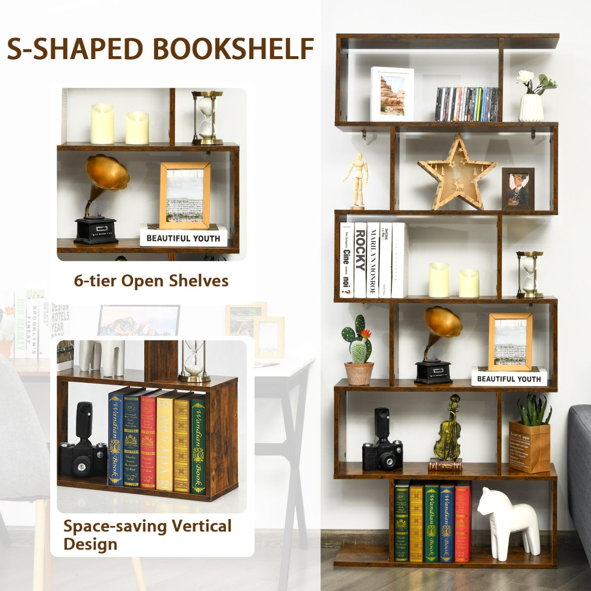 6-Tier Bookshelf with Anti-Tipping Device for Office