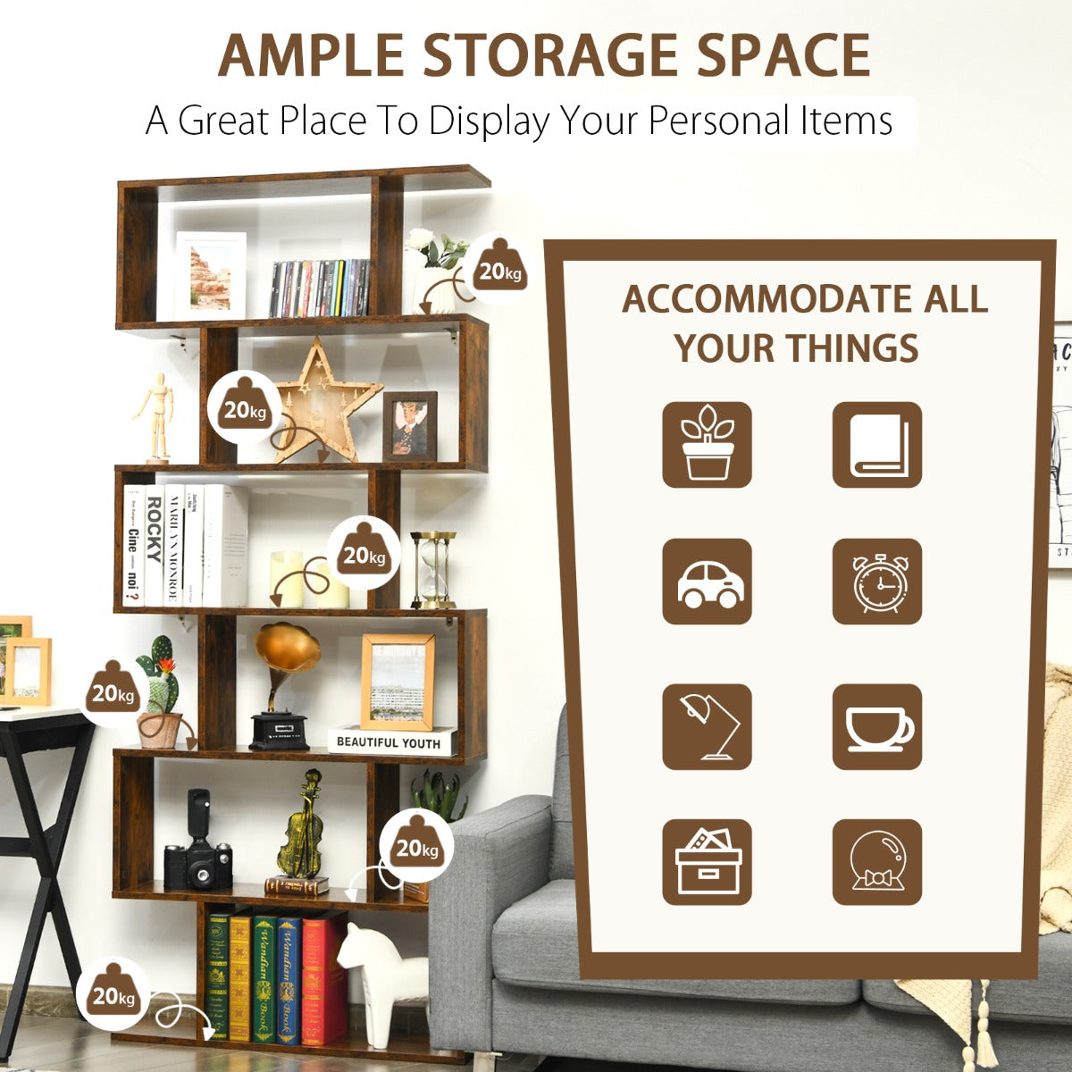 6-Tier Bookshelf with Anti-Tipping Device for Office