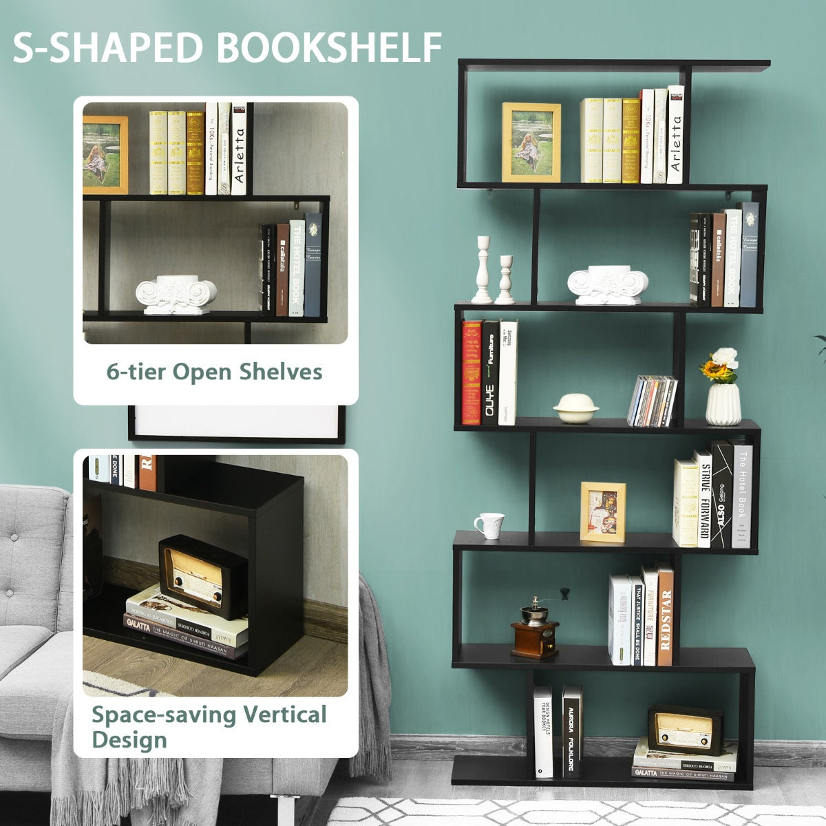 6-Tier Bookshelf with Anti-Tipping Device for Office