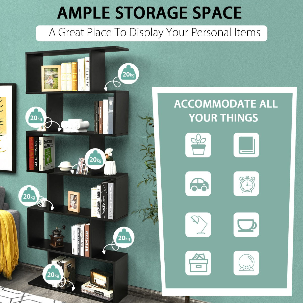 6-Tier Bookshelf with Anti-Tipping Device for Office