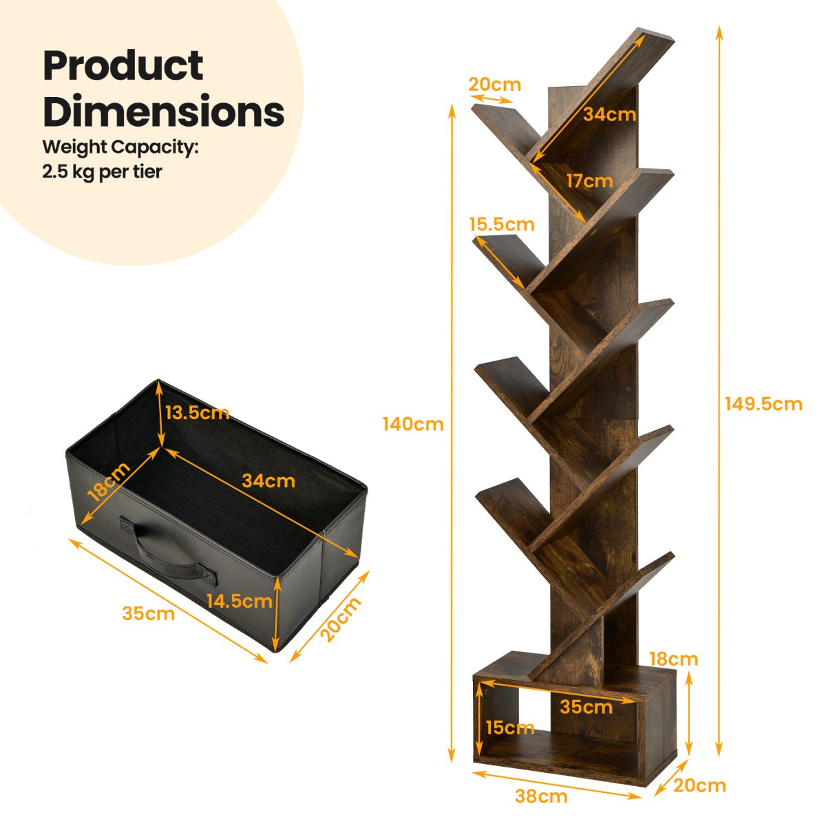 10-Tier Tree Bookcase with Drawer for Storage