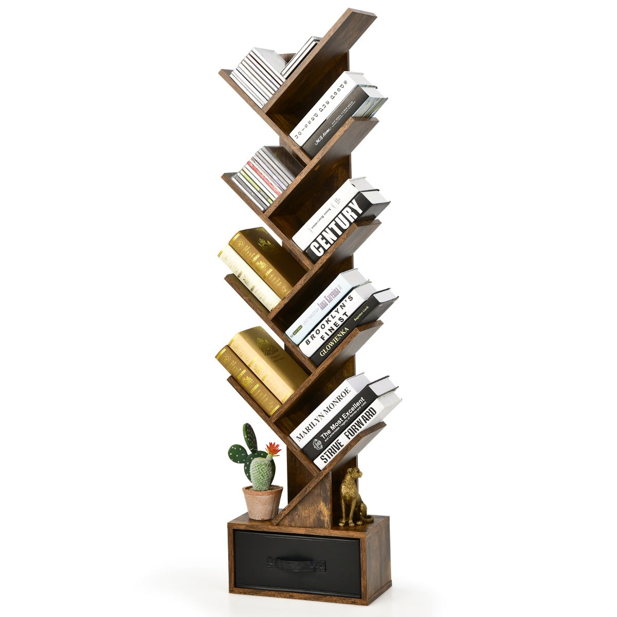 10-Tier Tree Bookcase with Drawer for Storage