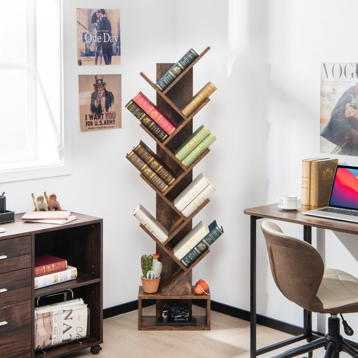 10-Tier Tree Bookcase with Drawer for Storage