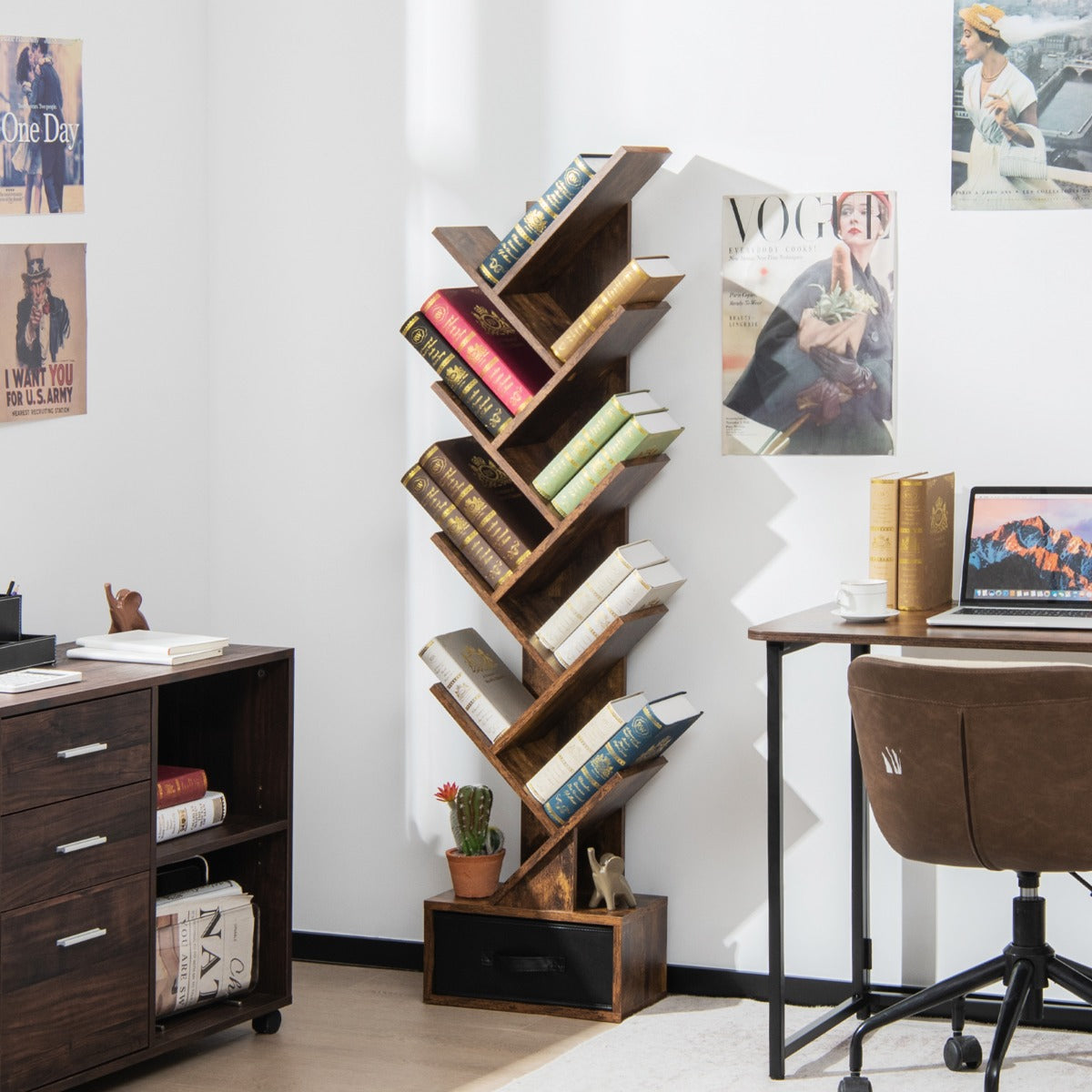 10-Tier Tree Bookcase with Drawer for Storage