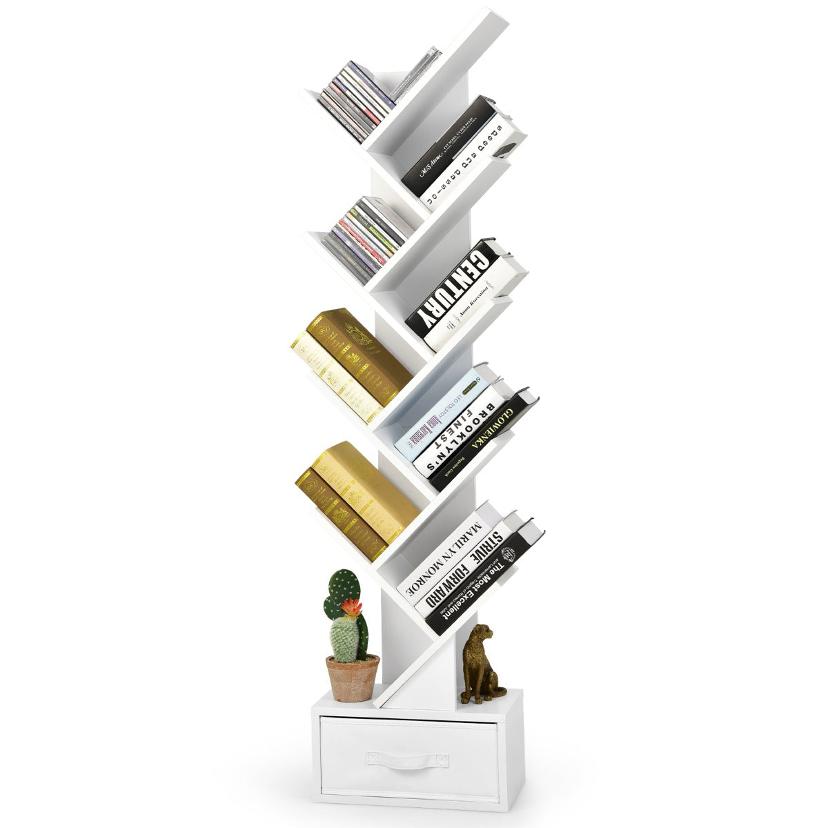 10-Tier Tree Bookcase with Drawer for Storage