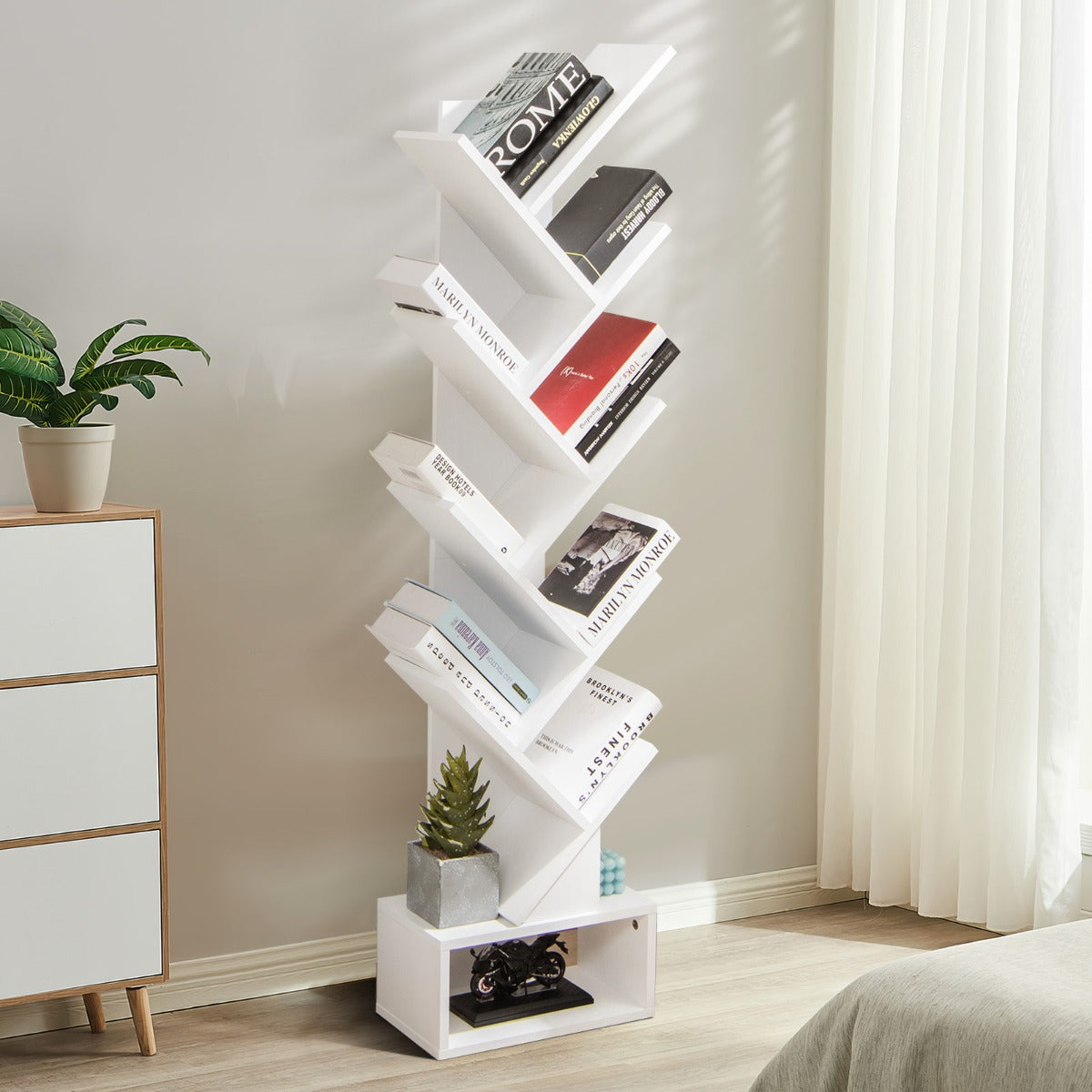 10-Tier Tree Bookcase with Drawer for Storage