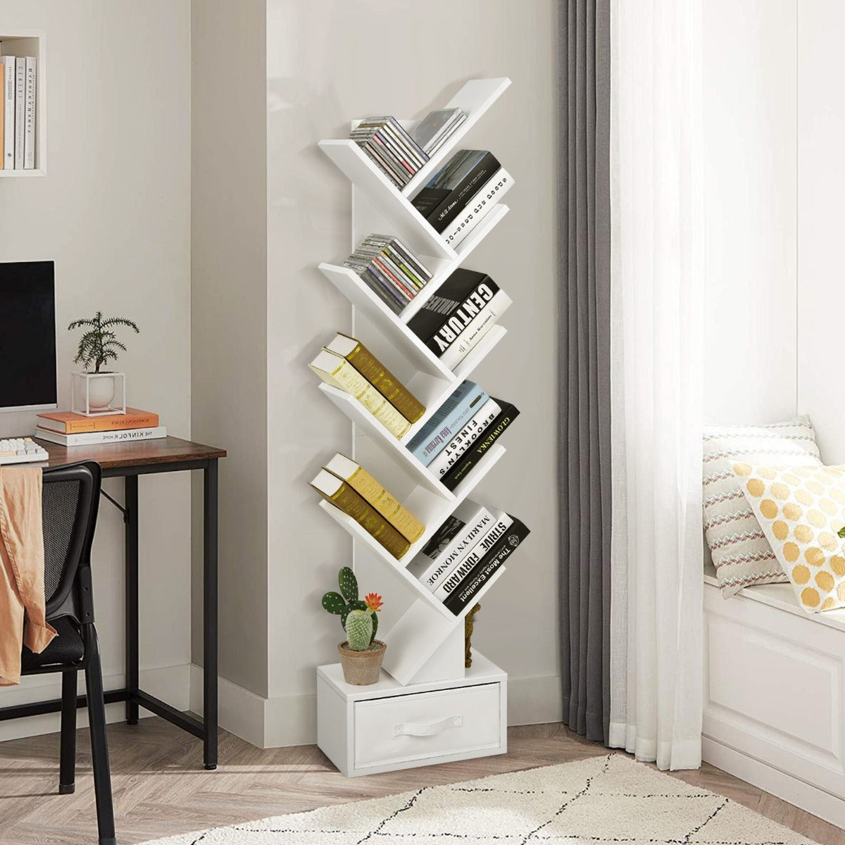 10-Tier Tree Bookcase with Drawer for Storage