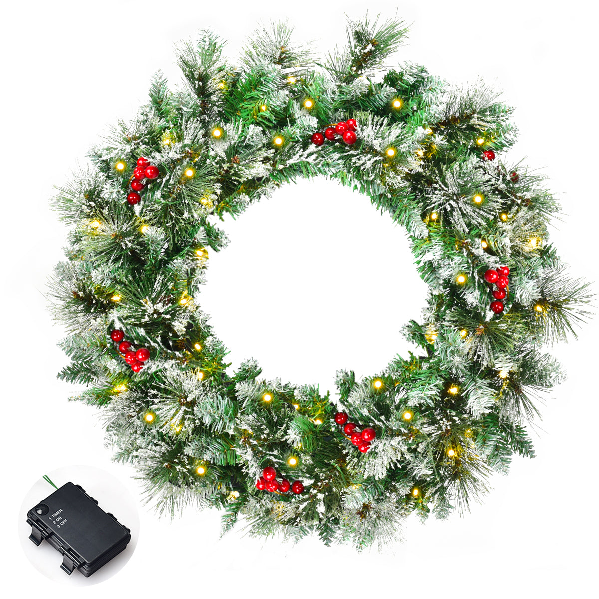 60CM Snowy Christmas Wreath Garland with 50 LED Lights for Decorations