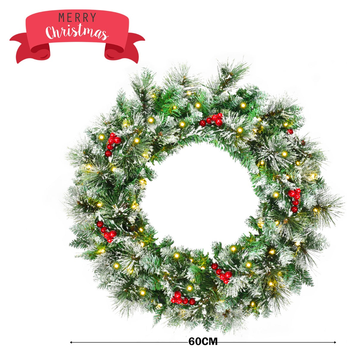 60CM Snowy Christmas Wreath Garland with 50 LED Lights for Decorations