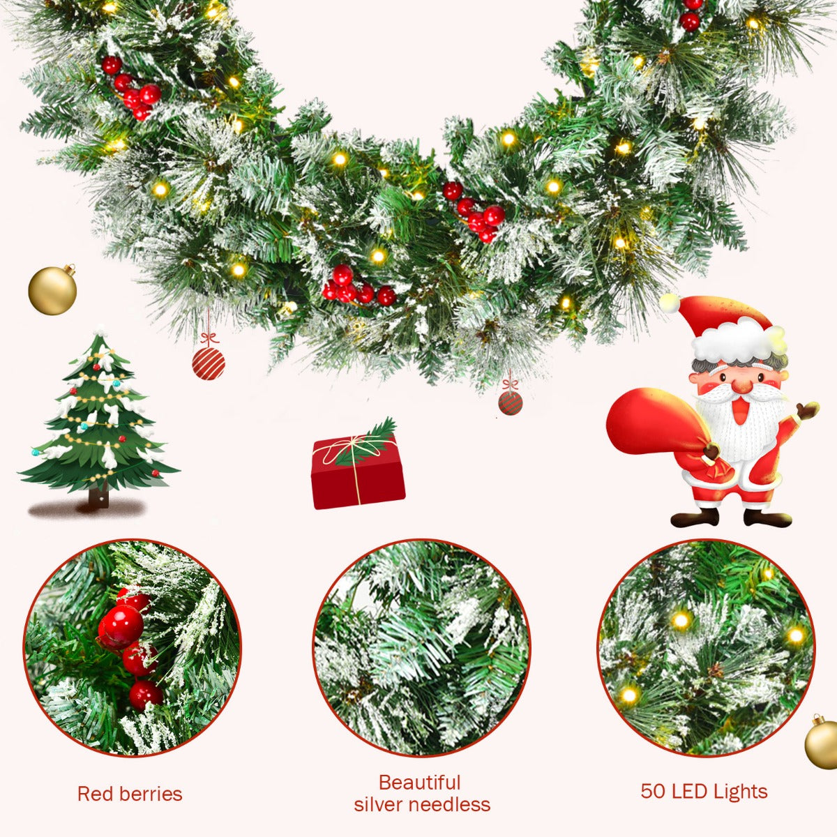 60CM Snowy Christmas Wreath Garland with 50 LED Lights for Decorations