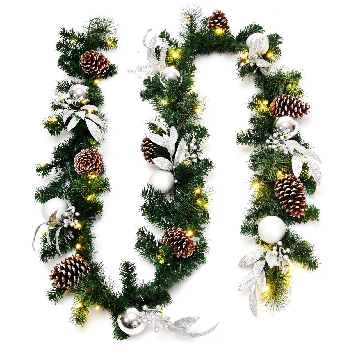 2.7M Christmas Garland Wreath with 50 LED Lights and Pinecones for Decorations