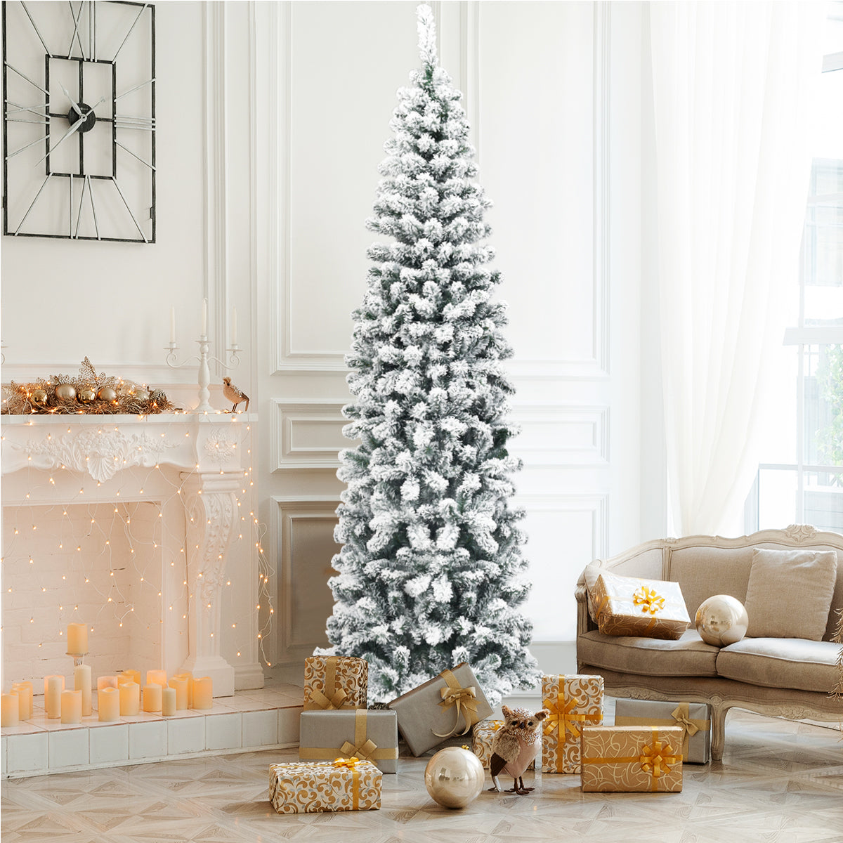 Slim Snow Flocked Christmas Tree for Home Decoration