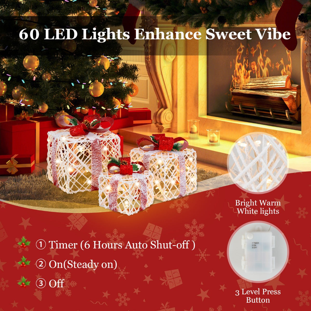 Set of 3 Christmas Lighted Gift Boxes with 60 LED Lights