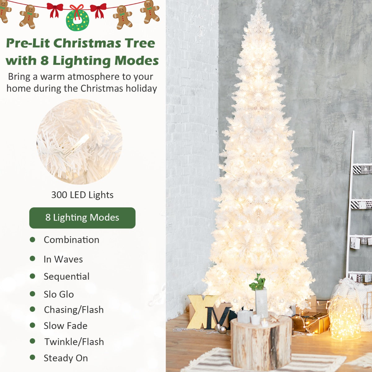 2.1M Pre-Lit White Christmas Tree with 8 Lighting Modes