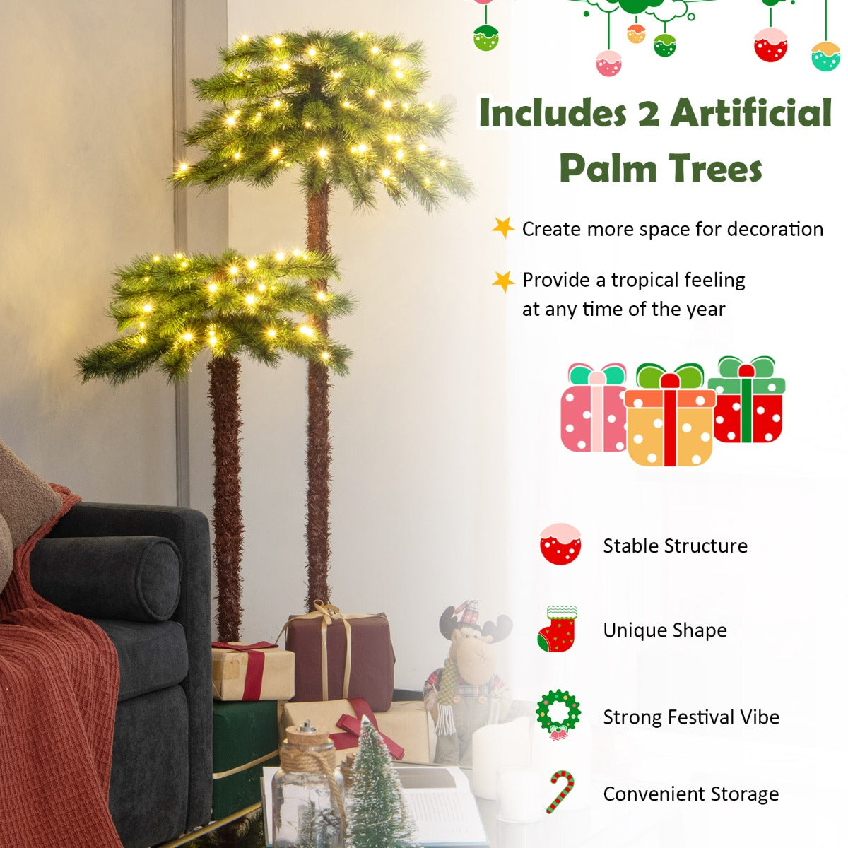 Pre-Lit Artificial Palm Tree with 100 LED Lights for Christmas