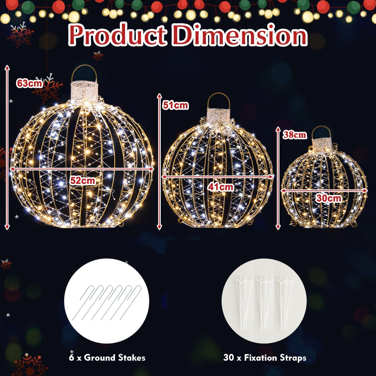 3 Pack Christmas LED Light Balls with 180 Warm Light & 180 White Light