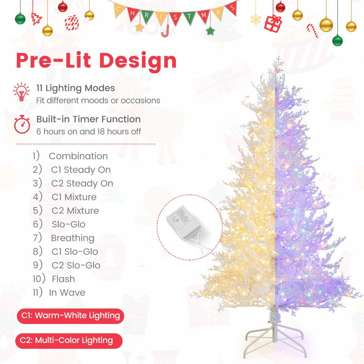 185CM Pre-Lit Artificial Christmas Tree with 11 Lighting Modes