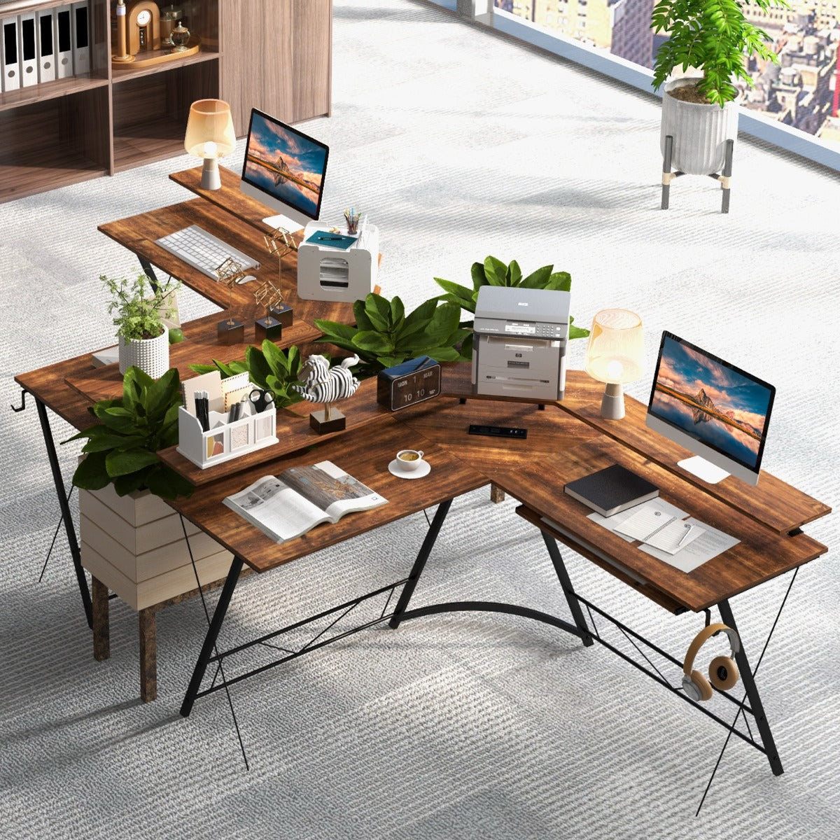 L-shaped Computer Desk with Power Outlet for Home Office