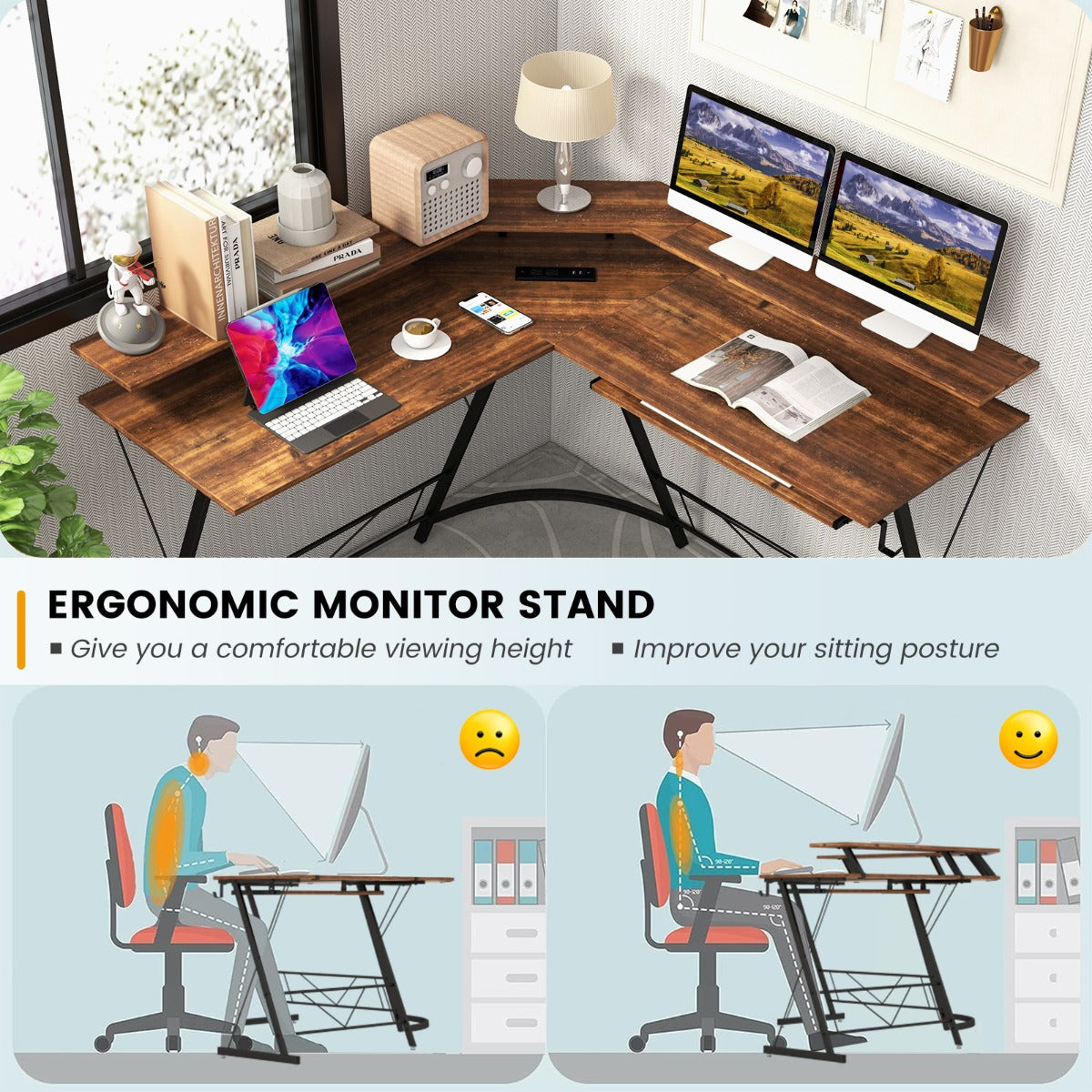 L-shaped Computer Desk with Power Outlet for Home Office