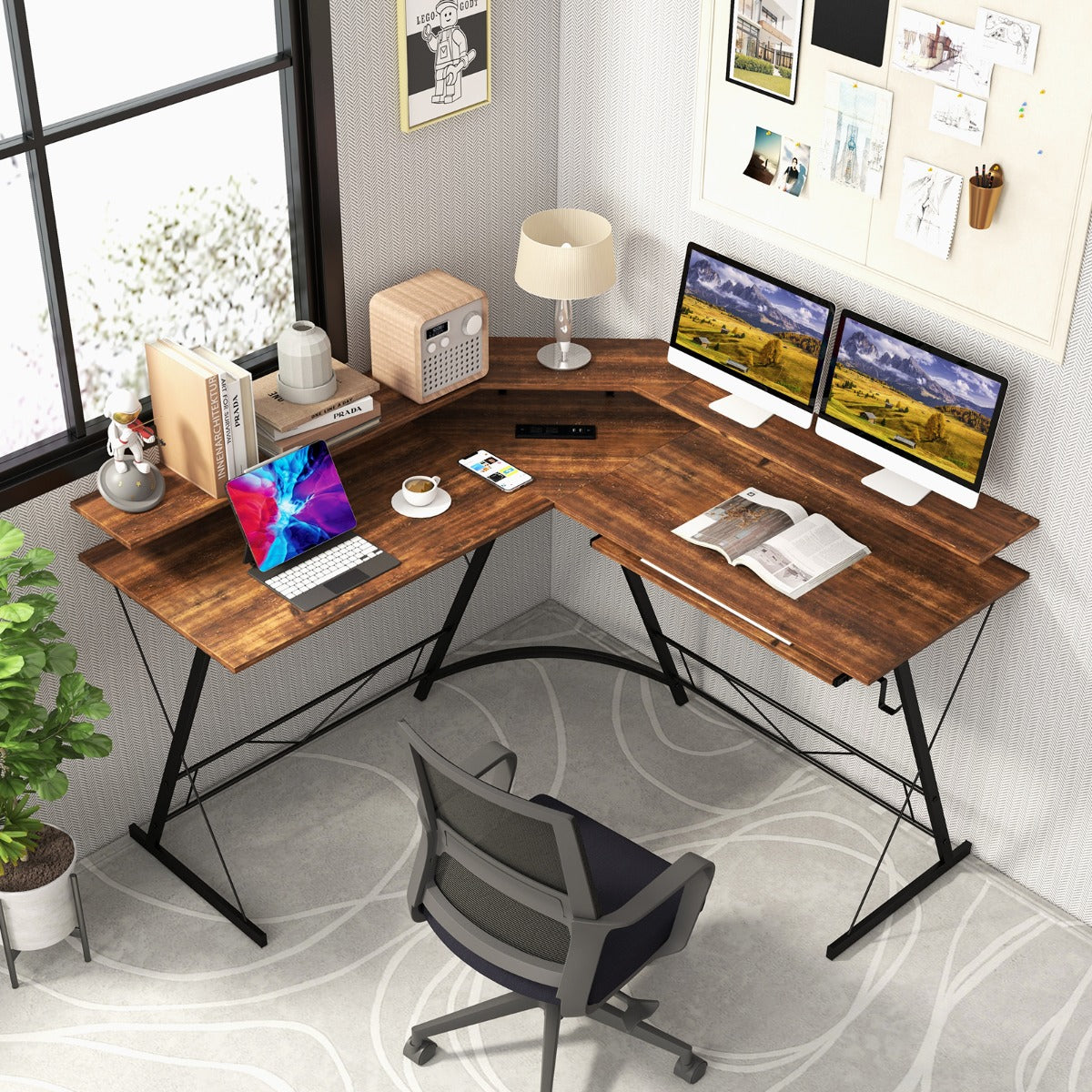 L-shaped Computer Desk with Power Outlet for Home Office