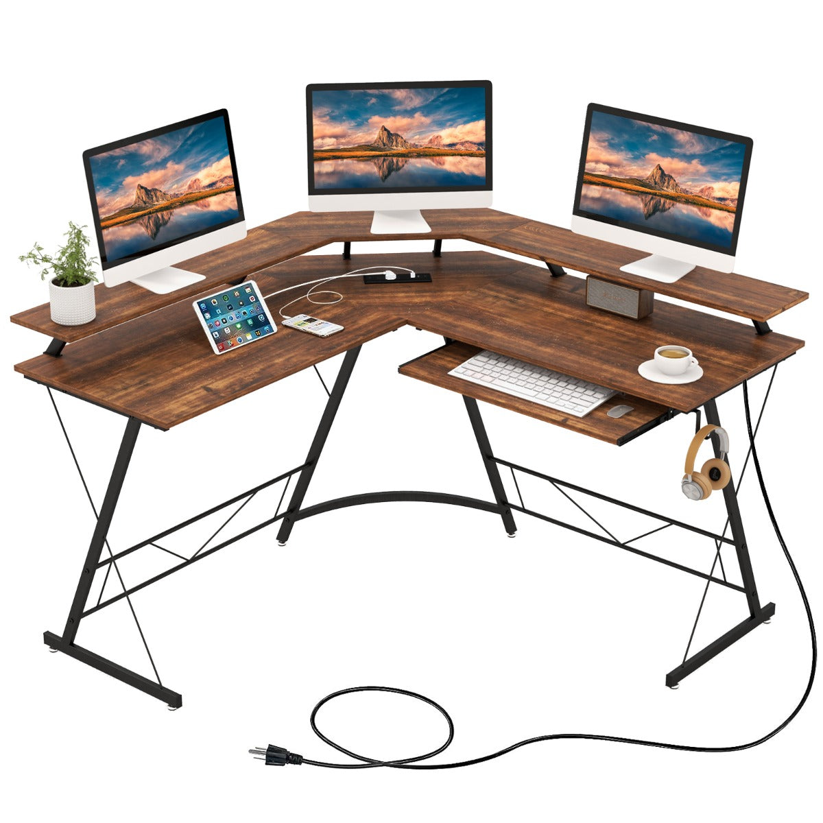 L-shaped Computer Desk with Power Outlet for Home Office