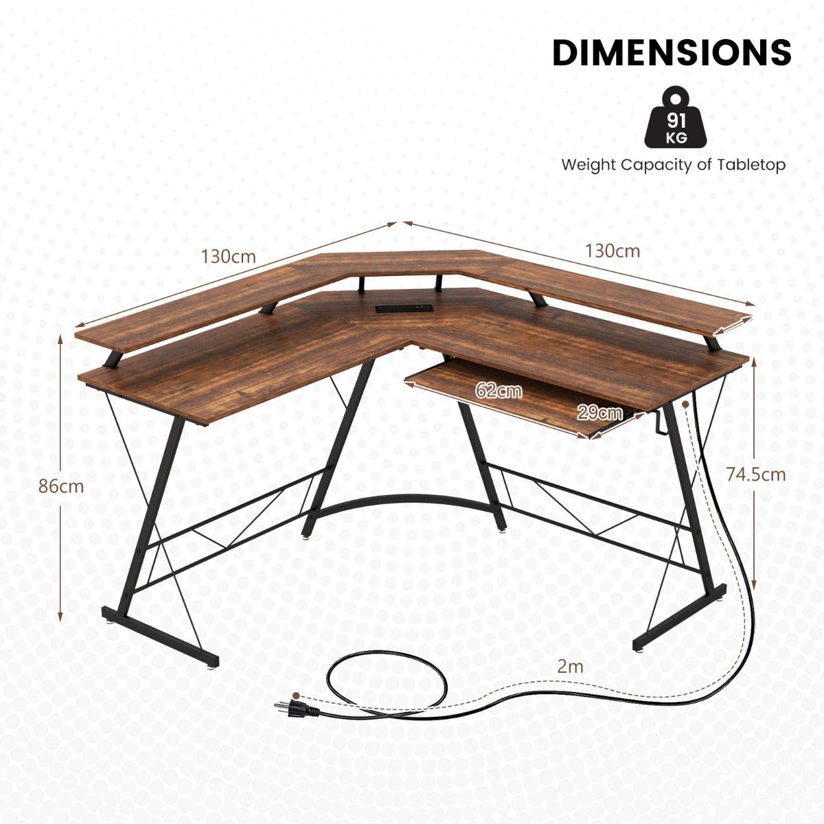 L-shaped Computer Desk with Power Outlet for Home Office