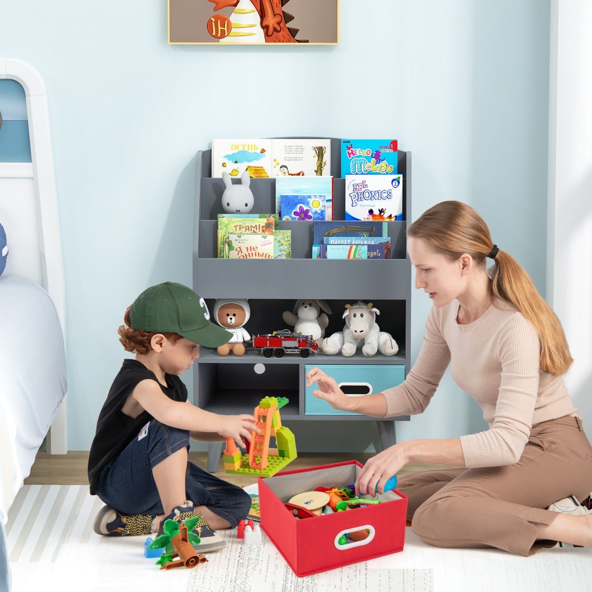 Kids Bookshelf Book Display Rack with 3-Tier Bookshelves and 2 Drawers