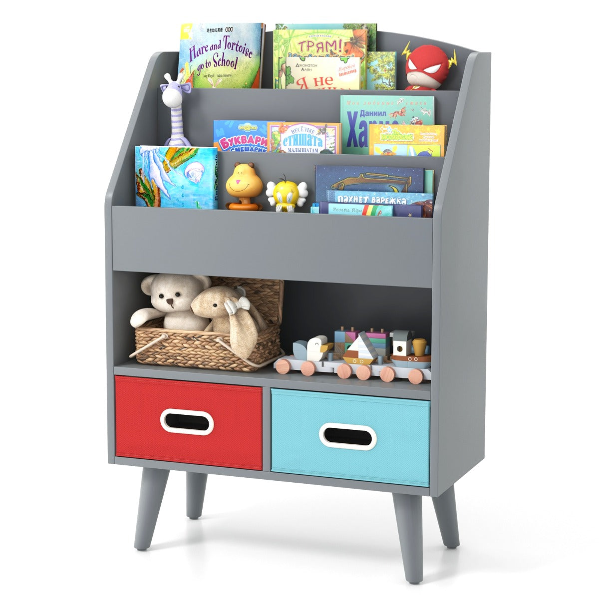 Kids Bookshelf Book Display Rack with 3-Tier Bookshelves and 2 Drawers