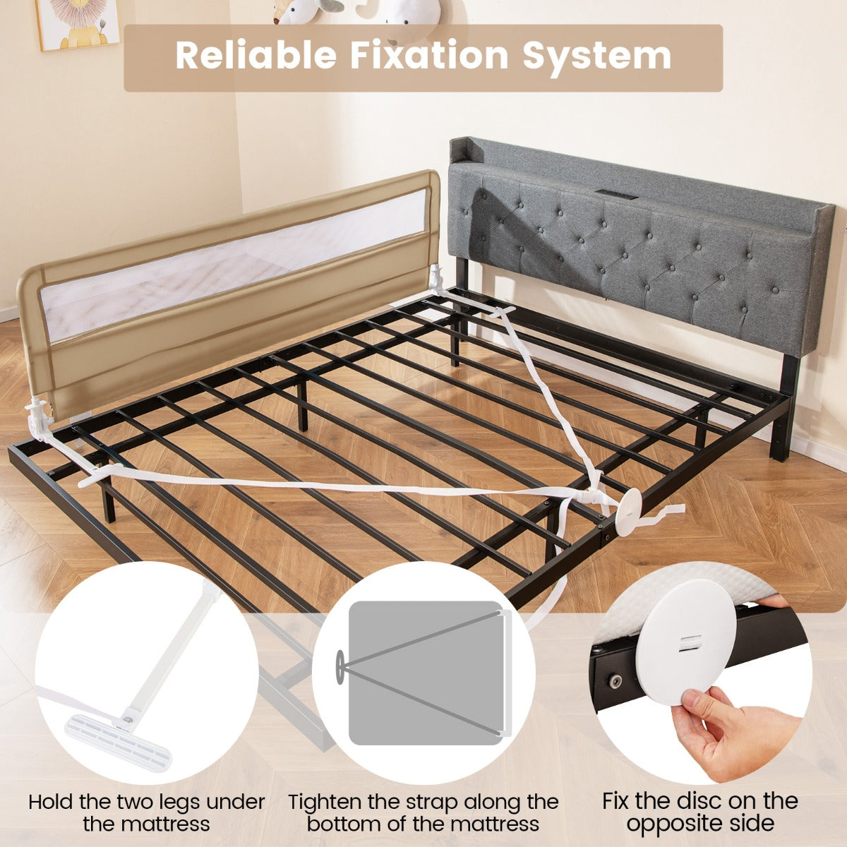 Foldable Mesh Bed Rail with Safety Straps for Toddlers