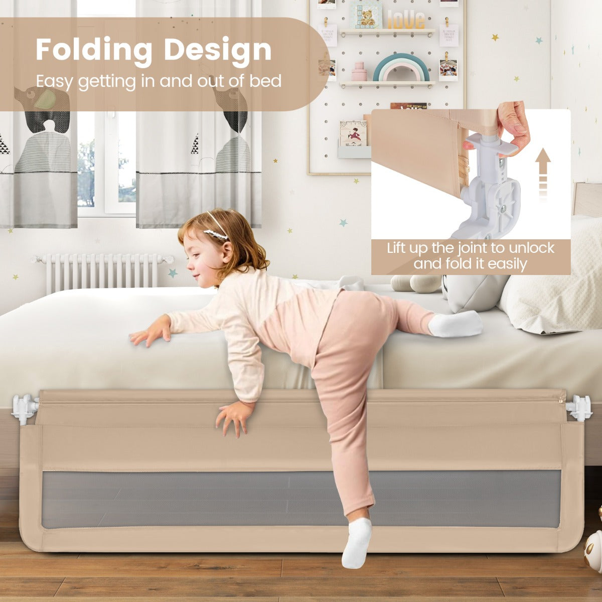 Foldable Mesh Bed Rail with Safety Straps for Toddlers