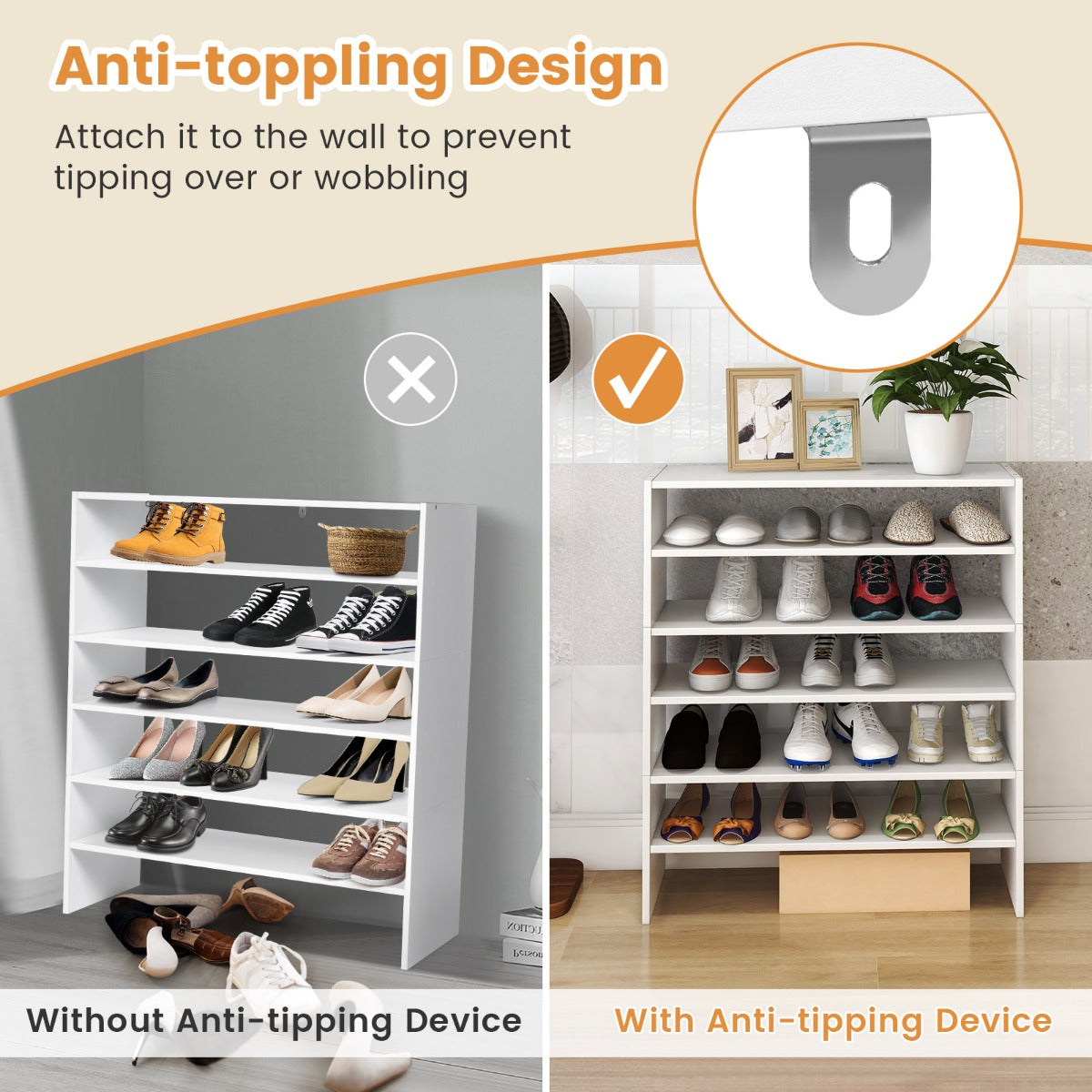 6-Tier Home Storage Shelf for Shoes with Anti-toppling Device for Entryway