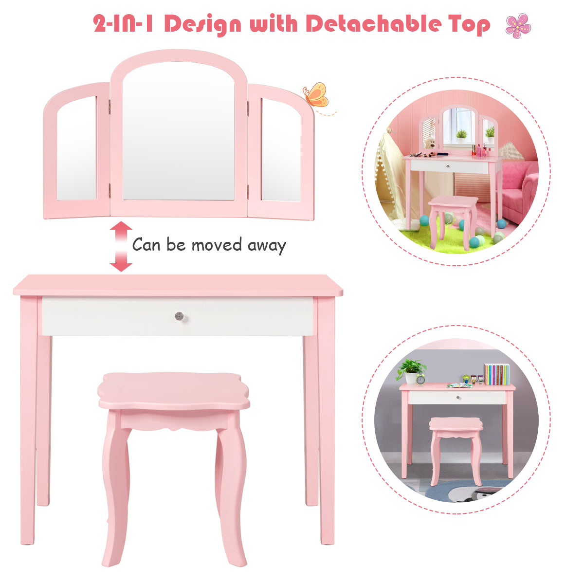 Kids Makeup Table Stool Set with Tri-folding Mirror for Bedroom