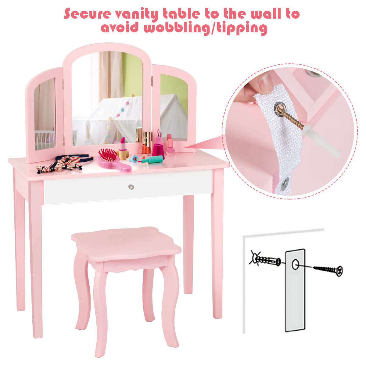 Kids Makeup Table Stool Set with Tri-folding Mirror for Bedroom