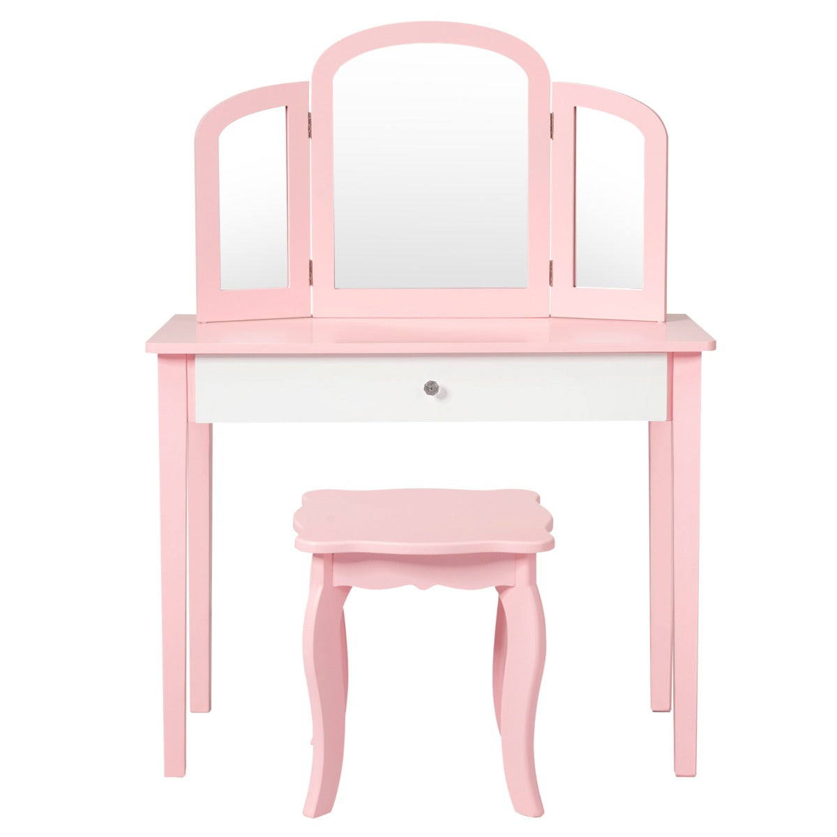 Kids Makeup Table Stool Set with Tri-folding Mirror for Bedroom