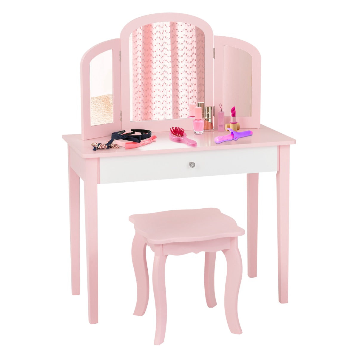 Kids Makeup Table Stool Set with Tri-folding Mirror for Bedroom