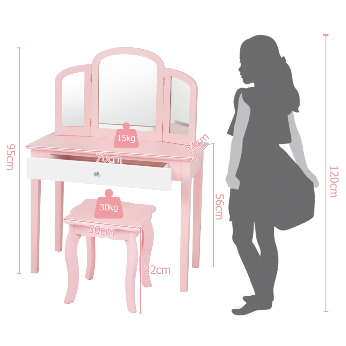 Kids Makeup Table Stool Set with Tri-folding Mirror for Bedroom