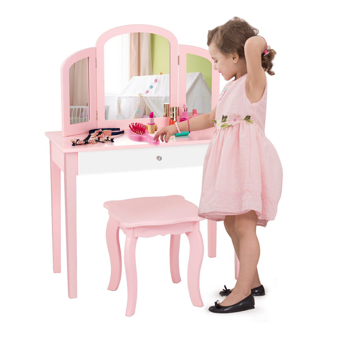 Kids Makeup Table Stool Set with Tri-folding Mirror for Bedroom