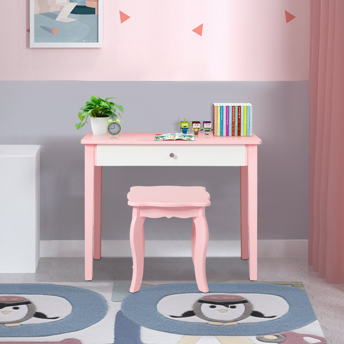 Kids Makeup Table Stool Set with Tri-folding Mirror for Bedroom