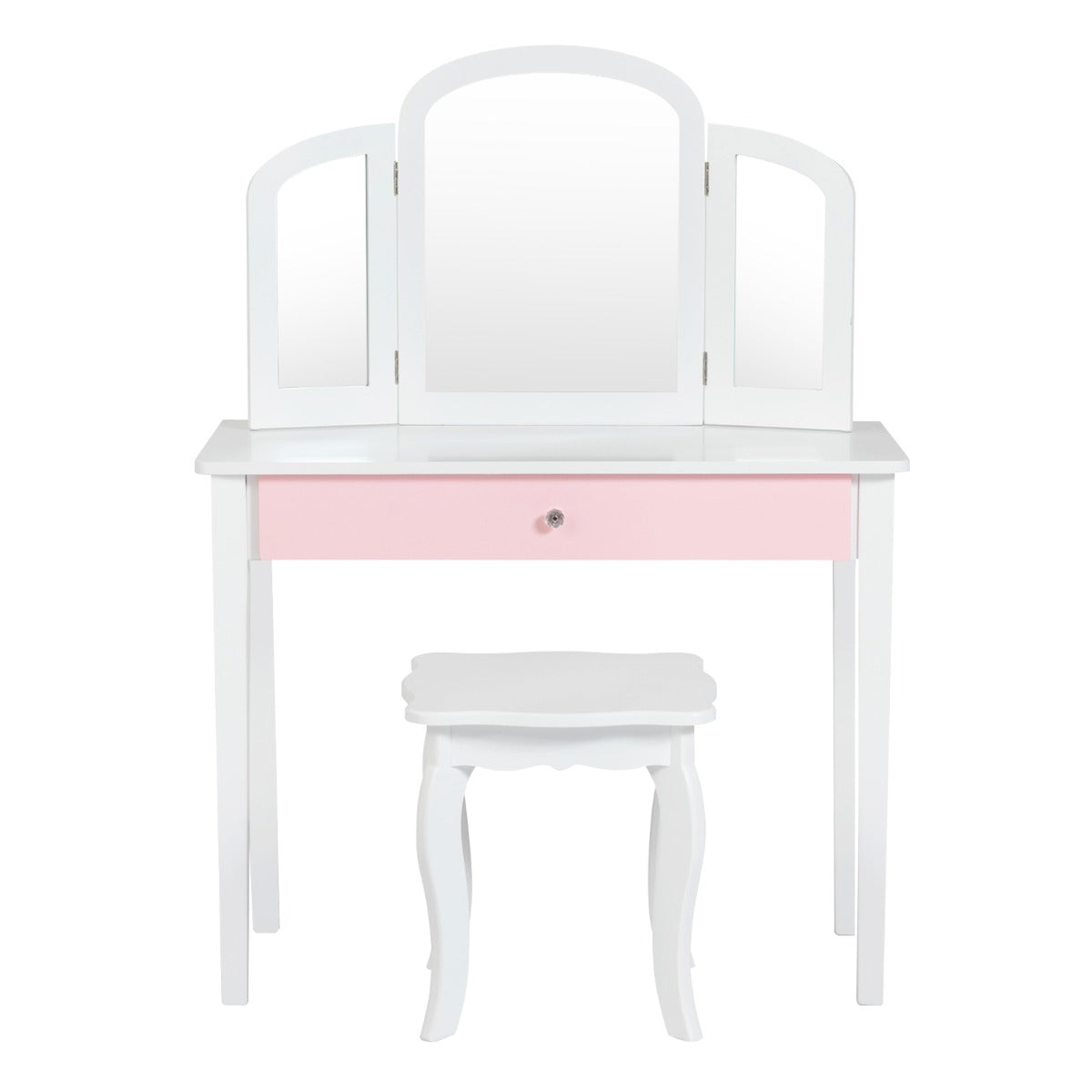 Kids Makeup Table Stool Set with Tri-folding Mirror for Bedroom