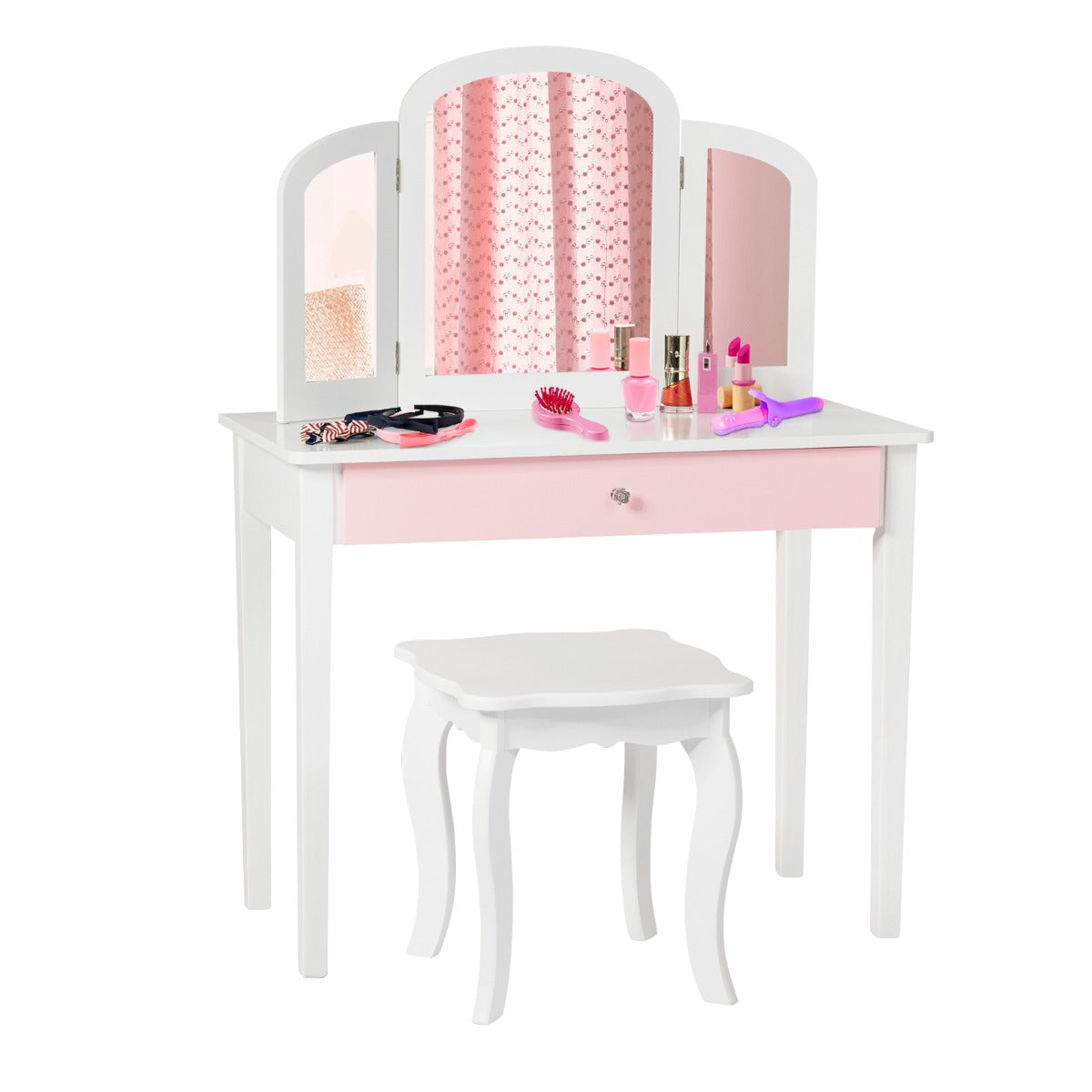 Kids Makeup Table Stool Set with Tri-folding Mirror for Bedroom