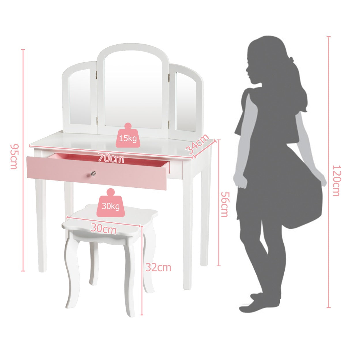 Kids Makeup Table Stool Set with Tri-folding Mirror for Bedroom