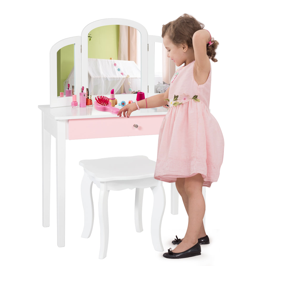 Kids Makeup Table Stool Set with Tri-folding Mirror for Bedroom