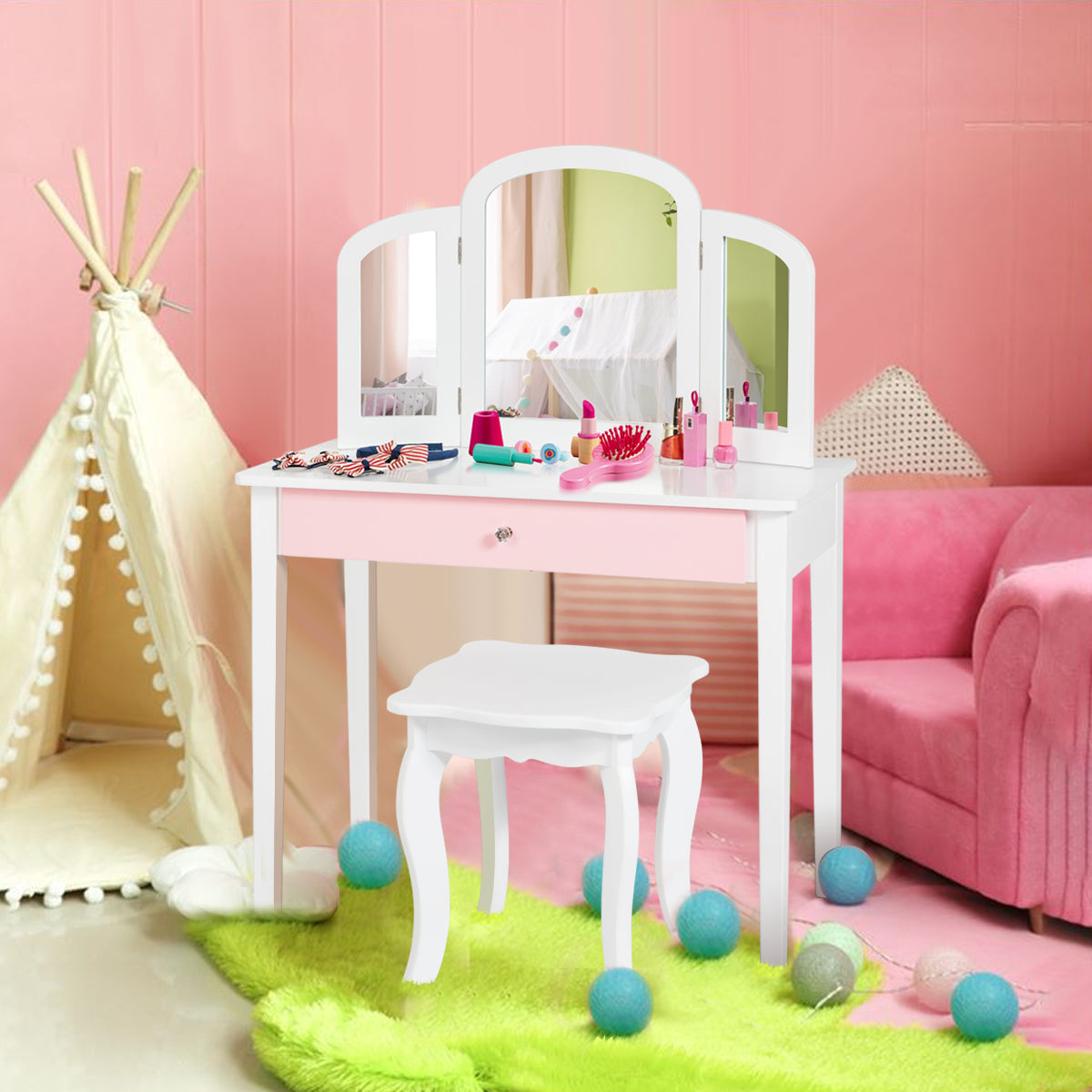 Kids Makeup Table Stool Set with Tri-folding Mirror for Bedroom