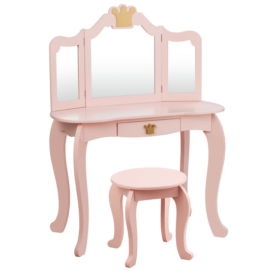 Kids Vanity Table and Chair Set with Drawer & Mirror for Girls