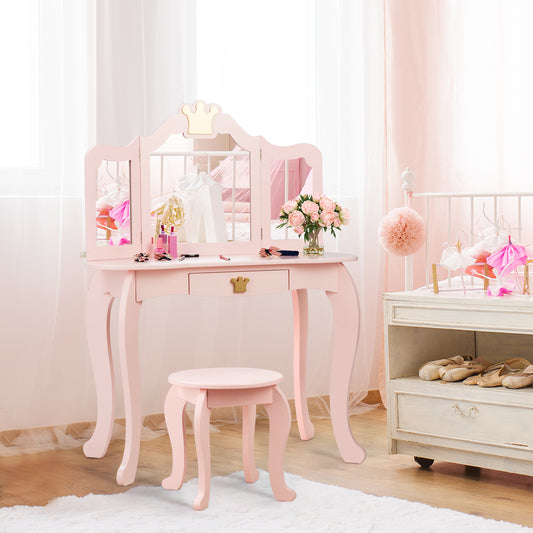 Kids Vanity Table and Chair Set with Drawer & Mirror for Girls