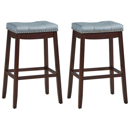 74cm Backless Nailhead Bar Stool with Natural Rubber Wood Legs for Dining Room