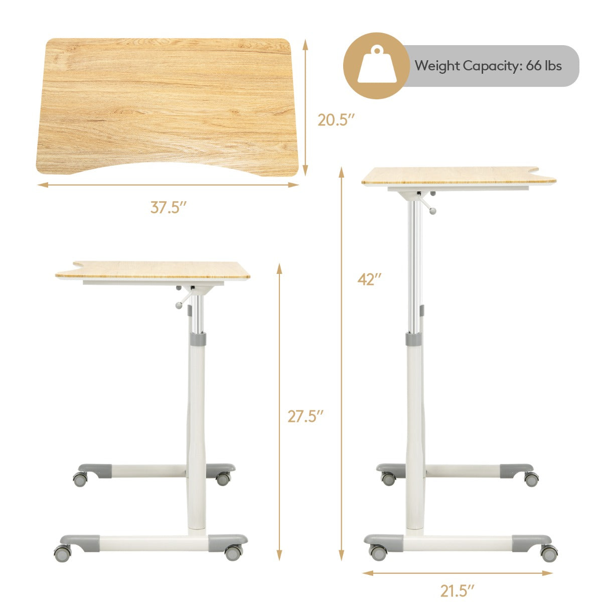 Mobile Height Adjustable Sit to Stand Up Computer Desk with Lockable Wheels