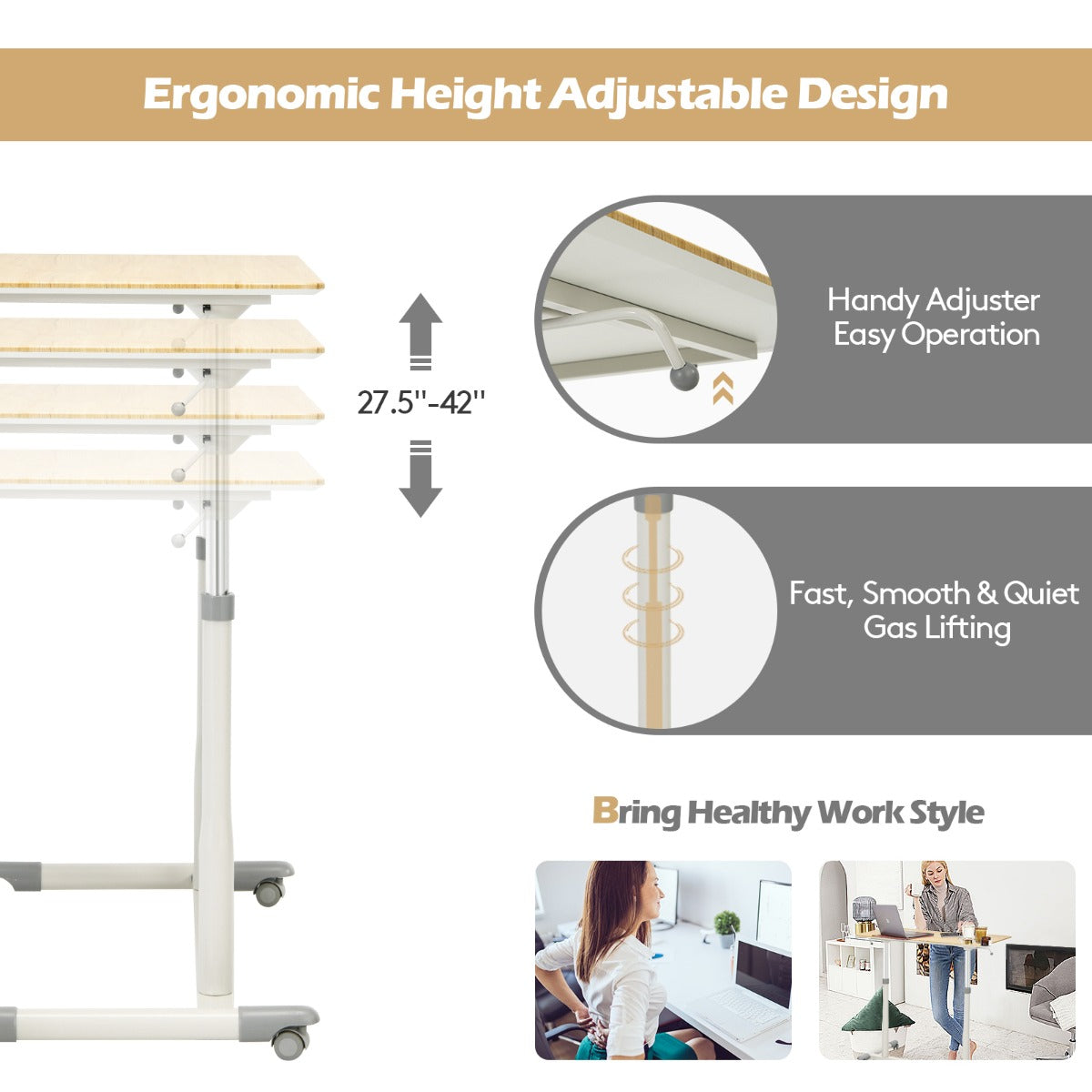 Mobile Height Adjustable Sit to Stand Up Computer Desk with Lockable Wheels