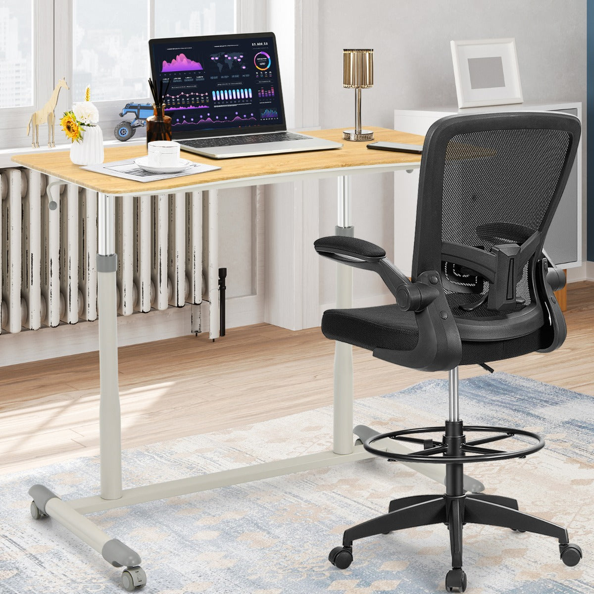 Mobile Height Adjustable Sit to Stand Up Computer Desk with Lockable Wheels